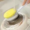 Cepillo para Ollas de Pulpa de Madera con Mango Largo, Cepillo de Doble Cara para Lavar Platos de Cocina, Estropajo Descontaminante Potente, Cepillo de Limpieza con Cabezal Reemplazable