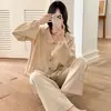 Pijama Estilo Coreano para Mujer, Otoño e Invierno, Set de Manga Larga y Pantalón Largo de Felpa Cepillada, Ropa de Casa Elegante y Dulce, Nuevo Estilo Primavera y Otoño