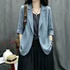 Nueva chaqueta corta casual de algodón y lino de manga tres cuartos 2026, blazer de lino de color liso