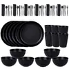 Conjunto de louça de plástico de 32 peças para uso transfronteiriço, pratos de jantar listrados verticais azul escuro criativos, tigelas de sopa, copos de água, talheres portáteis, garfos, colheres e hashis