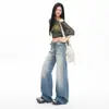 Jeans Americano Retro Lavado Flare com Design Bigode e Comprimento no Chão para Mulheres, Super Bem Proporcionado, Apresentando Padrão Yichun