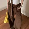 Calça Jeans Reta Wide-Leg com Design Patchwork Xadrez Vintage 2025 Slim-Fit Moda Feminina Estilo Coreano