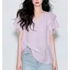 Impresionante Top Lila Claro para Mujer 2026 Nueva Llegada Diseño de Nicho Único Hermoso Suelto Camisa de Manga con Volantes