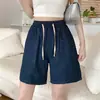 Foto Real de Shorts de Mezclilla de Verano con Cordón de Cintura Alta, Estilo Dulce y Fresco para Mujer, Corte Holgado, Diseño Adelgazante, Pierna Recta de Longitud Media, Shorts de Moda