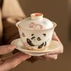 Tazón de té con tapa de mariposa Linglong de panda esmaltado amarillo de arroz, taza de té grande, no caliente, juego de té de kung fu de cerámica, tazón de té de tres talentos para el hogar