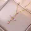 Colar Feminino Colorido Zircônia Joias Design de Nicho Pingente Cruz Completo em Diamante Colar Corrente de Clavícula em Aço Inoxidável