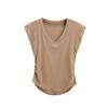 Camiseta feminina de cintura dupla irregular, plissada, justa, simples, cor sólida, para combinar, verão, decote em V, manga curta, top