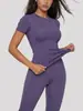 Juyitang Ropa de Yoga de Verano Adelgazante Tops Deportivos para Correr y Fitness Conjunto de Dos Piezas de Color Sólido con Mangas Cortas para Mujer