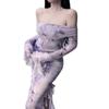 Vestido Retro Estilo Francés con Estampado de Mariposas para Mujer, Morado, Puro Deseo, Ceñido a la Cintura, Adelgazante, Ajustado al Cuerpo, Vestido Largo de Sirena