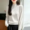 Suéter de punto grueso con cuello alto y adornos de pedrería para mujer, un top de punto lujoso y delicado en color liso con mangas largas, una capa base elegante y con estilo