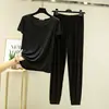Nuevo conjunto de verano fino de modal con manga corta y pantalón largo para mujer, ropa de casa, color liso, estilo simple, se puede usar para salir, conjunto de dos piezas