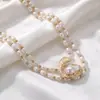 Conjunto de joias vintage barroco europeu e americano com pérolas artificiais de formato irregular, colar e anel de metal vintage martelado, conjunto de duas peças