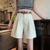 Shorts de Alfaiataria Feminino Verão Cintura Alta Reto 2025 Novo Solto Casual Linha A Quatro Pontos Drapê Calças de Perna Larga para Usar por Cima