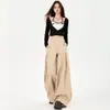 Calças casuais de fleece cáqui para mulheres, calças de cintura alta folgadas de perna larga compridas e extra-longas para o início do outono