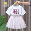 Conjunto de Vestido de Manga Curta para Meninas Caçadoras de Demônios Kpop Estilo Verão Moda Vestido de Tule Princesa Saia Duas Peças para Meninas Jovens