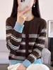 Colección de otoño/invierno para mujer 100% algodón puro transfronteriza: cárdigan de punto grueso a rayas, suéter de cuello redondo holgado para mujer