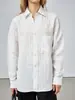Camisa listrada de manga longa em linho puro estilo Old Money, outono e inverno, unissex, elegante e versátil para o trabalho, com gola de lapela