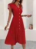 Pronta entrega Europa e América transfronteiriço moda feminina AliExpress moda vestido de bolinhas retro de comprimento nos joelhos com decote V abotoado acinturado justo