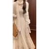 Vestido longo estilo francês, vestido de renda patchwork, saia ampla, efeito emagrecedor, conjunto de camisola, acompanha lenço e jaqueta, poliéster