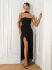 Vestido Europeo y Americano de Malla Transparente con Escote Halter, Cintura Retorcida y Plisada, Cintura Alta, Abertura, Vestido de Noche Negro Sexy