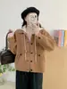 Cardigan de Lã Dupla Face Solto Casual de Tricô Estilo Coreano Novo Outono/Inverno 2025 Jaqueta Suéter com Capuz Removível para Mulheres Tendência