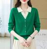 Top de pulôver de duas peças falso de cor contrastante feminino 2024 primavera e outono novo elegante elegante elegante elegante lar camisa de base de malha fina