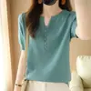 Camiseta de Punto Fina de Manga Corta Holgada con Cuello en V para Mujer 2024 Versátil Ajuste Delgado Top de Botones Moda de Verano para Mujer Top de Manga Corta