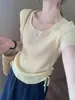 Camiseta Casual Elegante de Manga Curta com Gola Quadrada e Cordões Laterais, Estilo Coreano de Verão, Cor Lisa