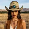 Sombrero de Paja Europeo y Americano para Exteriores Transfronterizo, Sombrero Retro Calado, Sombrero de Vaquero Occidental de Ala Ancha para Mujer, Sombrero de Playa para Protección Solar