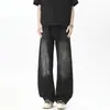 Jeans de otoño vintage lavados con efecto desgastado gris con salpicaduras de pintura y dobladillo curvo para hombre y mujer, pantalones holgados de moda estilo callejero americano para hombre