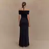 Estilo Ins Transfronterizo Nuevo Vestido Halter de Cuello de una Línea Sexy Malla Costuras Cintura Color Puro Espalda Descubierta Falda Larga
