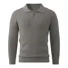 Camisa Polo de Malha Masculina com Gola Lapela e Manga Longa Outono Inverno Masculina Slim Fit Suéter Cor Sólida Casual de Negócios Camada Base Masculina