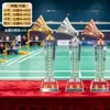 Trofeos de cristal hechos a medida para competiciones de bádminton, premios y recuerdos personalizados para campeones de eventos deportivos individuales y de dobles