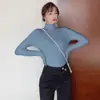 Nuevo Top de Punto de Color Sólido de Manga Larga de Cuello Alto para Otoño e Invierno, Ajuste Delgado, Top Base Trendy para Mujer, Elegante Negro