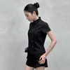 Camisa Negra de Manga Corta de Verano Nuevo Estilo Cuello Alto Diseño de Moda Nicho para Mujer Ajuste Delgado Elegante Top de Oficina Venta al por Mayor