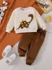 Conjunto de franela para niños de comercio exterior transfronterizo otoño e invierno, con un diseño de bordado de dinosaurio de dibujos animados, que consta de una sudadera de manga larga y pantalones largos, un conjunto de dos piezas para niños