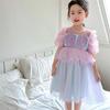 Venta Caliente de Verano Vestido de Princesa Sirena Lila Manga Corta Ropa de Banquete para Niñas Vestido de Doble Capa Gasa Fabricante Personalizado