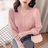 Novo Outono Transfronteiriço Chiffon Costurado Moda Camisa Básica de Tricô para Mulheres Decote V Manga Longa Ajuste Slim Top Interno