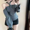 Elegante Diseño Europeo y Americano de Nicho Cuello Elegante Camisa de Manga Larga para Mujer Tirante Sexy Hombros Descubiertos Rayas Top Versátil