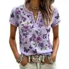Top estampado de manga corta con cuello en V transfronterizo 2026 nuevo estilo de verano europeo y americano, imitación lino, holgado, casual, disponible para dropshipping