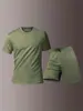 Roupa Esportiva Casual de Cor Pura Seda de Gelo Transfronteiriça Conjunto Masculino Verão 2025 ao Ar Livre Secagem Rápida Respirável Camiseta de Manga Curta Gola Redonda