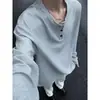 Camiseta Waffle Cinza Claro de Manga Longa Masculina Outono e Inverno Retrô Americano Gola Henry Solta Casual Camiseta Básica