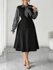 Ropa de mujer de talla grande para comercio exterior transfronterizo europeo y americano para primavera, otoño e invierno, elegante, ajustada, de manga larga, a rayas, línea A, vestido de dos piezas simulado