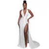 Novo produto ins estilo europeu e americano, vestido feminino elegante de cor sólida transfronteiriço com fenda, acinturado, saia justa, decote V, sem mangas, vestido longo moderno