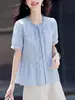 Camisa Elegante e Estilosa com Gola Franzida de Manga Curta para Mulheres, Nova Moda Verão 2026 com Barra Patchwork, Top que Esconde a Barriga e Emagrece