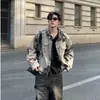 Nova jaqueta jeans tie-dye preta para homens, design estiloso, primavera e outono, corte solto, tamanho grande, marca da moda, jaqueta cool estilo rua