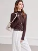 Suéter casual de punto fino de lana pura, sin costuras, lavable a máquina, estilo coreano, para mujer, manga larga, corte ajustado y favorecedor.