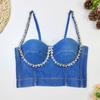 Europeu e americano comércio exterior transfronteiriço exclusivo fabricante strass frisado Denim sutiã exterior vestir sexy quente menina alça tubo top