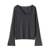 26 Años de Nuevos Modelos, Importado de Alemania Hilo Yangtze Finamente Hilado Lana Pura de Moda Cuello Camisero Mangas de Campana Color Sólido Camiseta Base de Punto