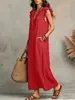 Vestido largo sin mangas para mujer de talla grande, estilo europeo y americano, con volantes en el borde, color liso, cuello en V casual y mangas acampanadas, perfecto para la playa